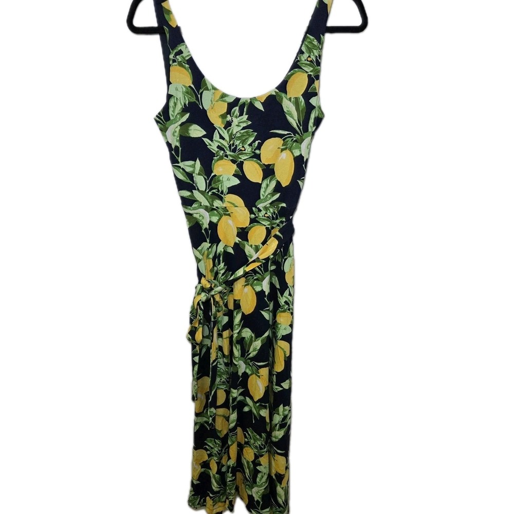 NWT LOFT Lemon‎ Novelty Print Dress XS Navy Citrus Tie Waist Belted Summer